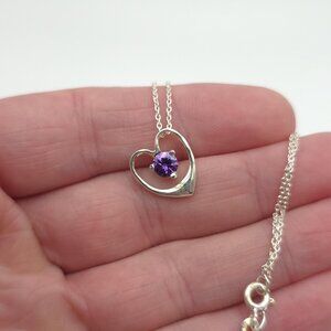 18 Inch Sterling Silver Purple CZ Love Heart Necklace A1461